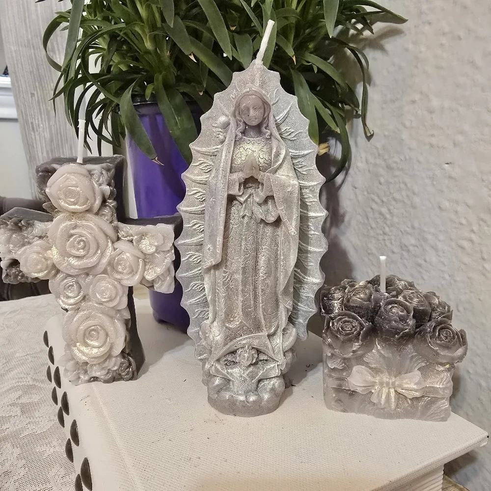 Handmade Beeswax Candle Set – Virgin Mary, Cross & Rose Boquet (Shimmer Finish)